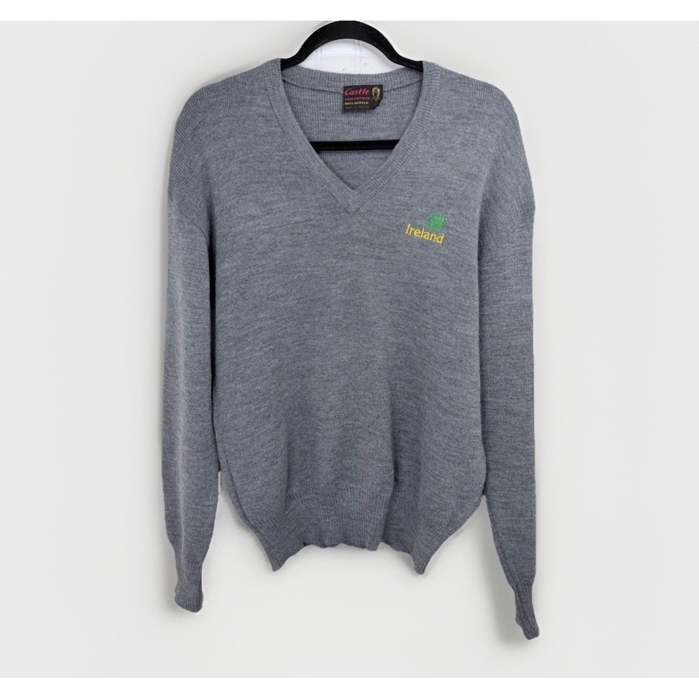 Castle V-Neck Sweater Mens 42 Gray Ireland Shamrock Knit Pullover Vintage Irish